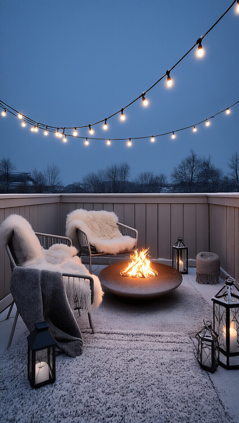 Nordic winter balcony at dusk with sheepskin chairs around fire bowl, glowing string lights, and cozy wool throws in snowy setting.