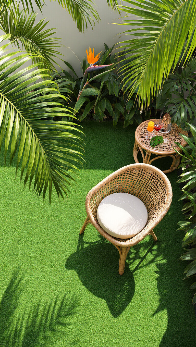 Bird's eye view of a tropical micro-balcony with emerald turf, peacock chair, palm fronds, bird of paradise plants, and rattan table holding cocktail items in bright noon light.