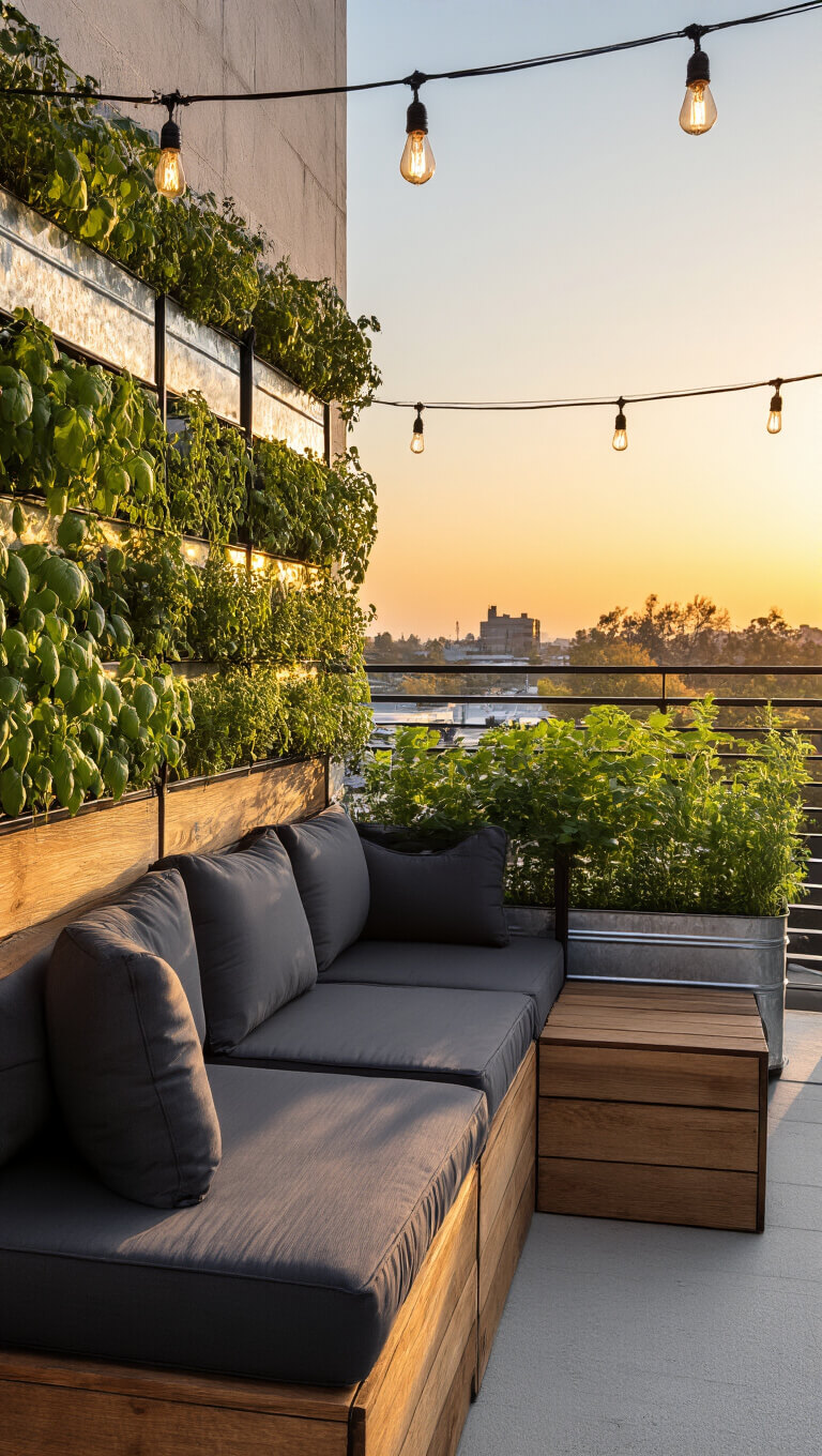 Industrial chic balcony at sunset with metal and wood seating, charcoal cushions, vertical herb garden in galvanized planters, and warm Edison bulb string lights.