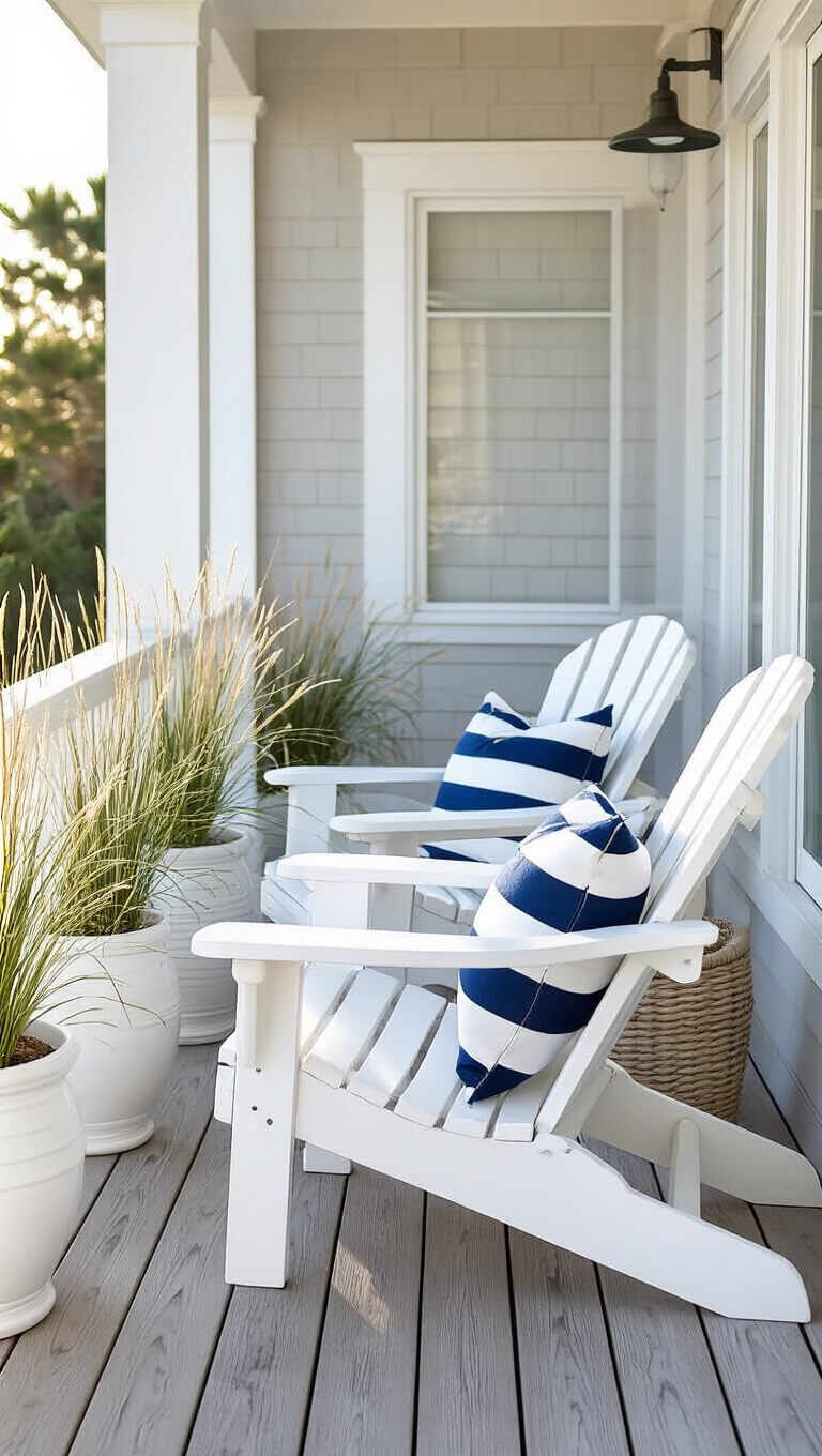 Coastal cottage balcony with white Adirondack chairs, navy striped cushions, weathered wood, rope accents, and planters of coastal grasses in bright morning light.