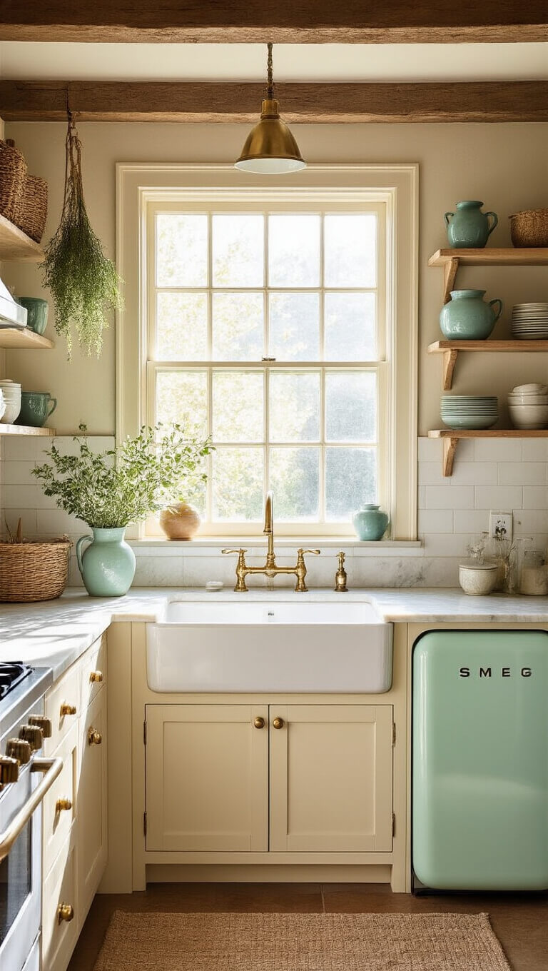 Cozy cottage kitchen with cream cabinets, farmhouse sink, mint-green SMEG fridge, and morning light streaming through mullioned window.