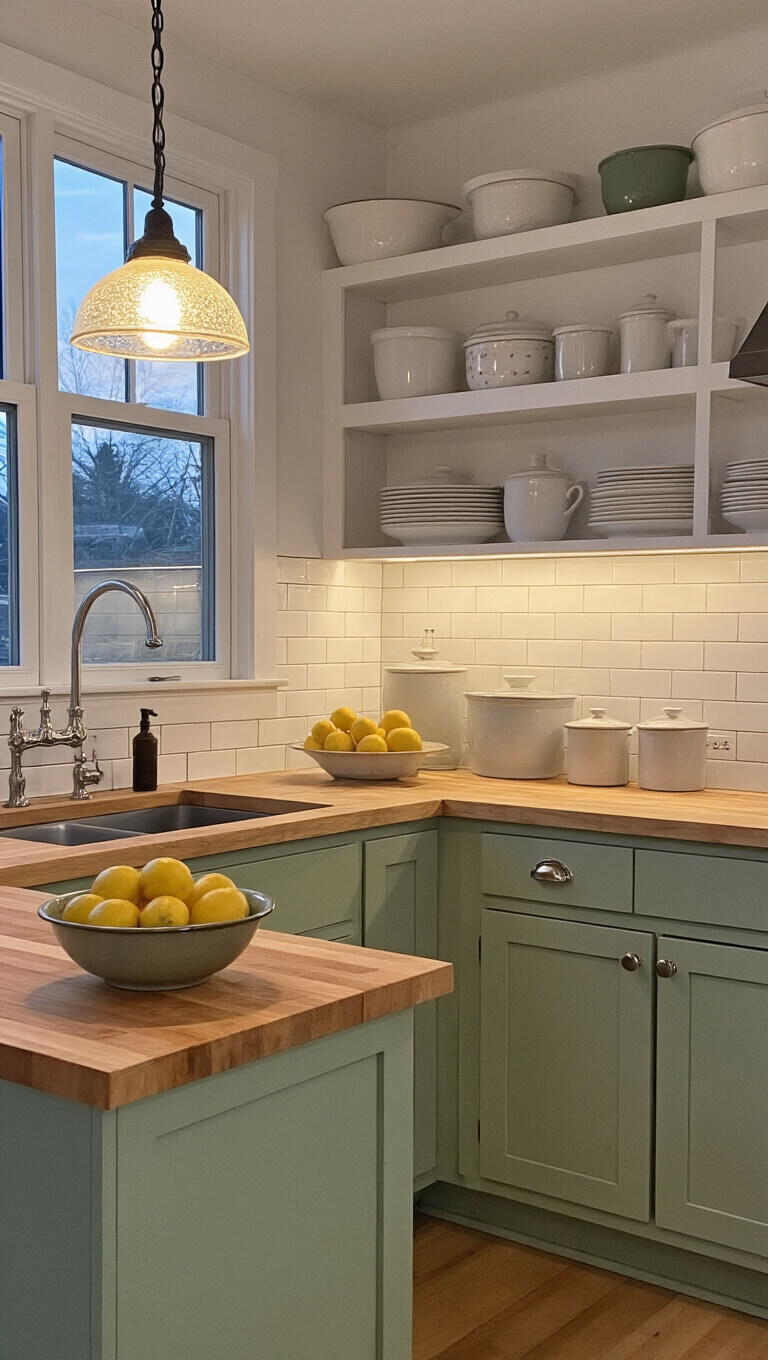 Cozy dusk-lit 8x8ft cottage kitchen with sage cabinets, open white shelves displaying vintage enamelware, pendant light over butcher block island with lemons.