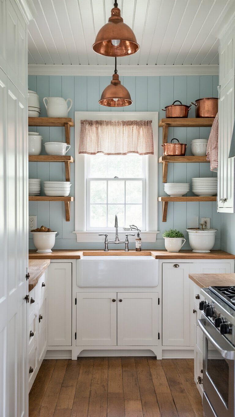 Bright galley-style cottage kitchen with white shaker cabinets, pale blue walls, copper pendant lights, open shelves with ironstone and copper cookware, gingham cafe curtains, and farmhouse sink under window.
