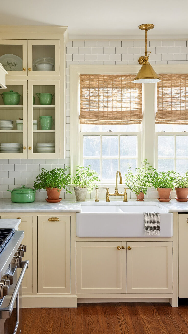 Sunlit kitchen with cream cabinets, vintage jadeite display, white marble counters, farmhouse sink, hardwood floors, and potted herbs on windowsill.
