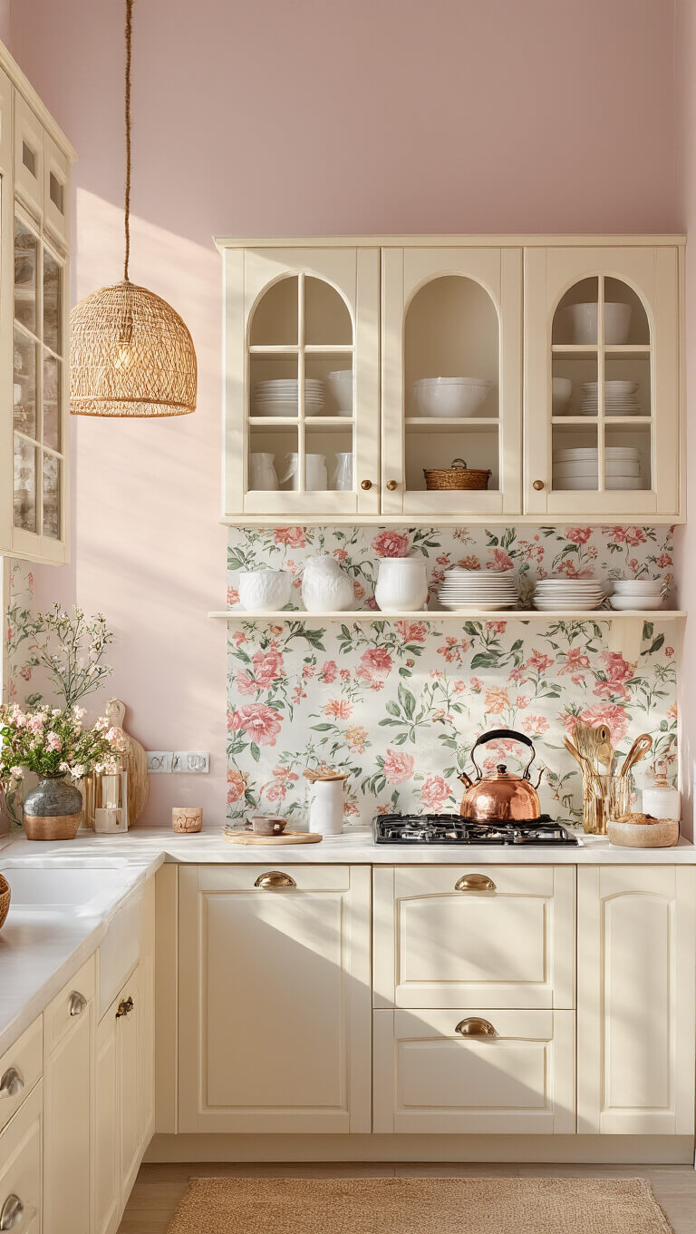 Cozy 8x10ft sunset-lit kitchen with pink walls, cream glass-front cabinets, vintage floral accent wall, open shelves with white ceramics and brass, copper kettle on gas range, and woven pendant light glowing warmly.