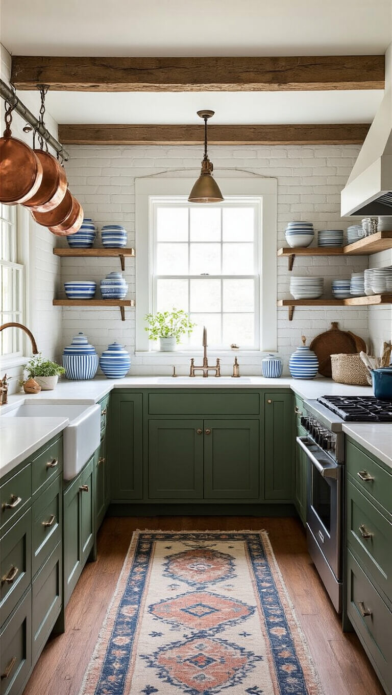 Symmetrical galley kitchen with sage green lower cabinets, white brick walls, open distressed white shelves, blue and white striped pottery, copper pots hanging, and a vintage runner in late afternoon light.
