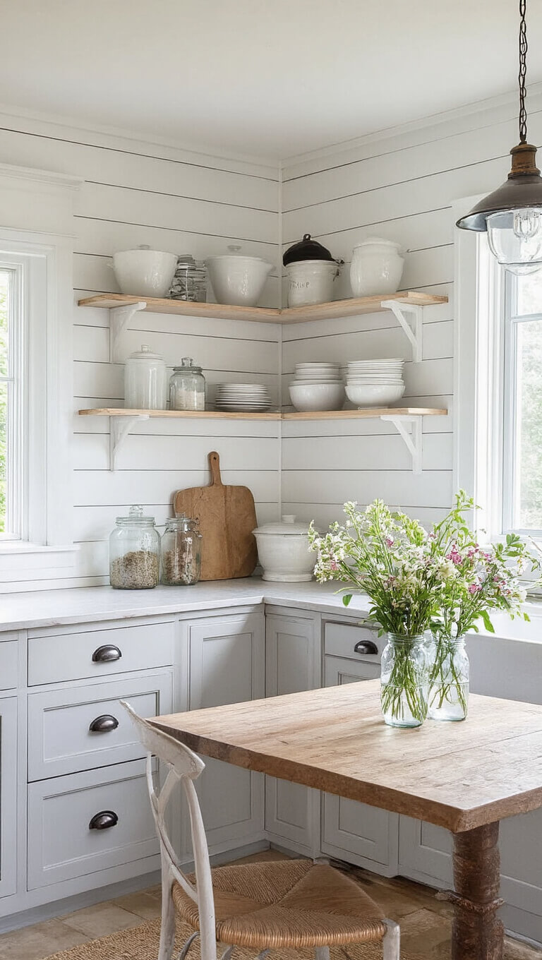 Bright morning light fills a small corner kitchen with white shiplap walls, pale gray cabinets, open shelves displaying white and clear dishes, a compact farmhouse table island with fresh flowers in mason jars, and vintage pendant lights.
