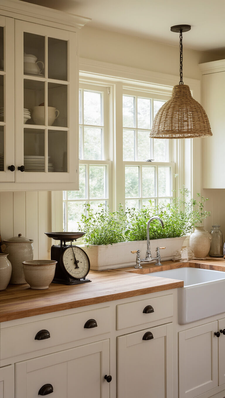 Cozy cottage kitchen at dusk with cream walls, white glass-front cabinets, vintage decor, and glowing woven pendant light.