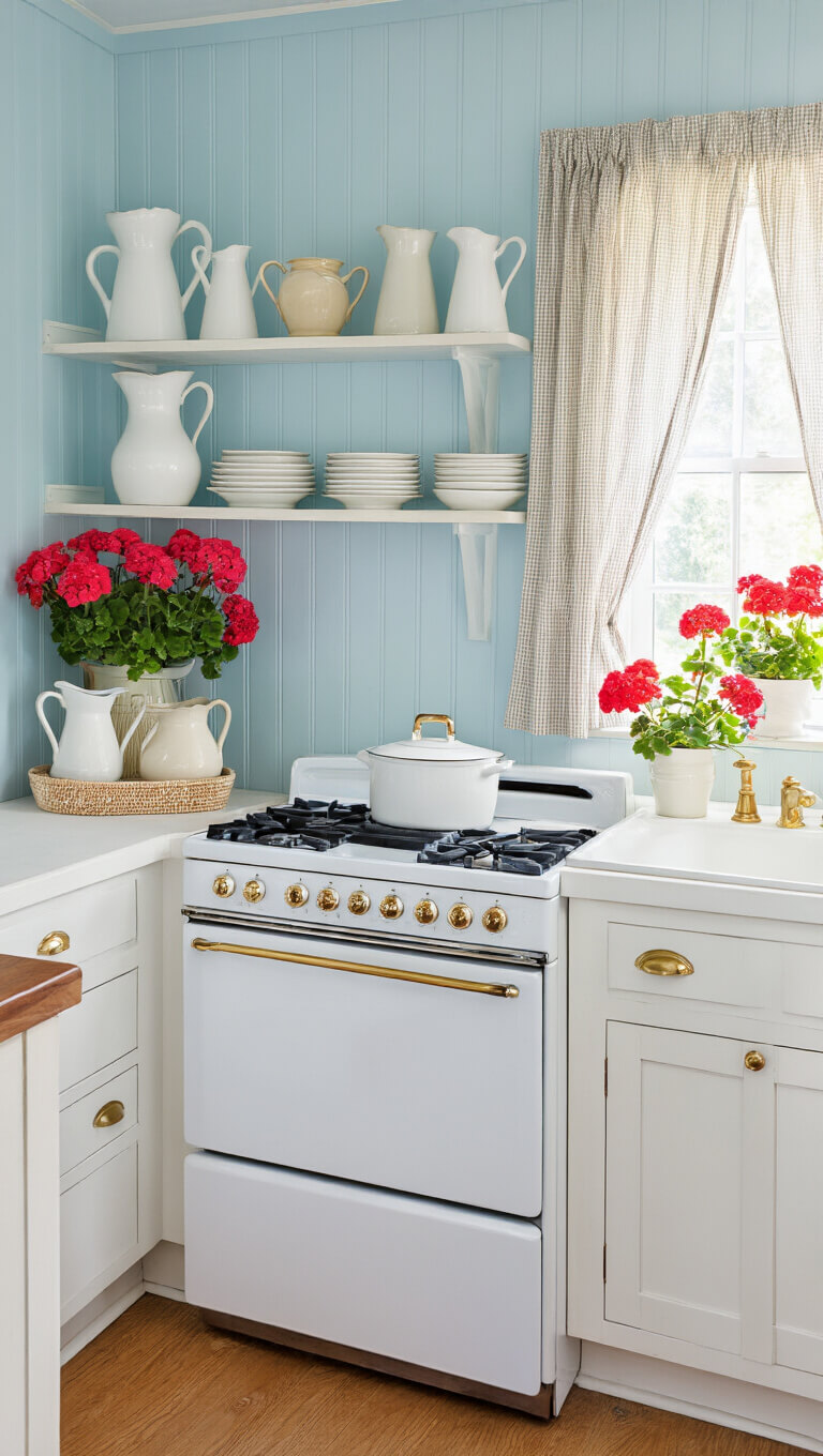 Small vintage-style kitchen with pale blue beadboard walls, white cabinets, open shelves holding pitchers, white enamel stove, brass hardware, gingham curtains, and potted geraniums.