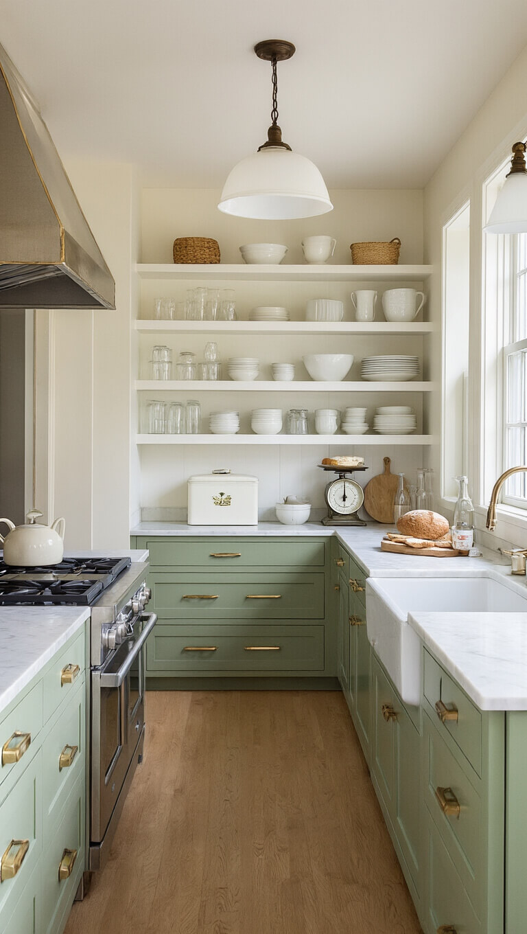 Early evening view down a narrow galley kitchen with cream walls, sage green lower cabinets, white open shelves holding glassware and ceramics, vintage accessories on marble countertops, and a warm pendant light overhead.