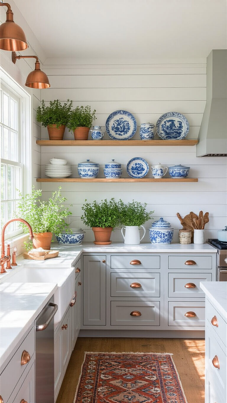 Sunlit 8x12ft kitchen with white shiplap walls, pale gray cabinets, blue and white chinaware on open shelves, copper accents, terracotta potted herbs, and a colorful vintage runner.