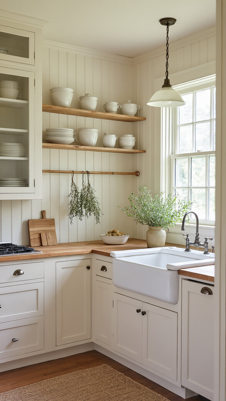 Cozy 10x8ft kitchen with cream beadboard walls, white glass-front cabinets, open shelves displaying ironstone, farmhouse sink under window, pendant light, and hanging dried herbs.