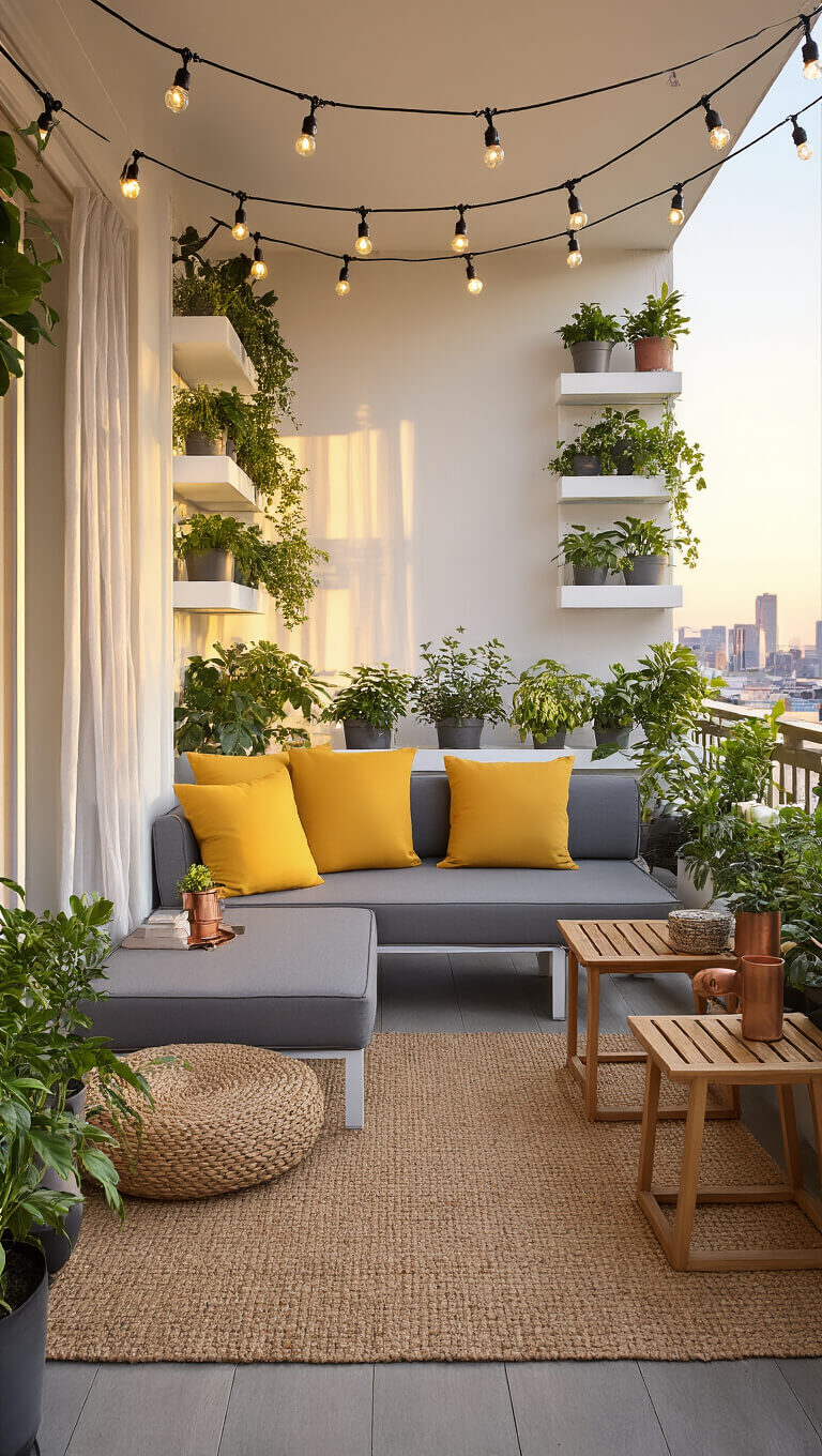 Cozy urban patio at golden hour with modular gray loveseat, mustard cushions, jute rug, vertical potted plants, string lights, and wood tables with copper accents.