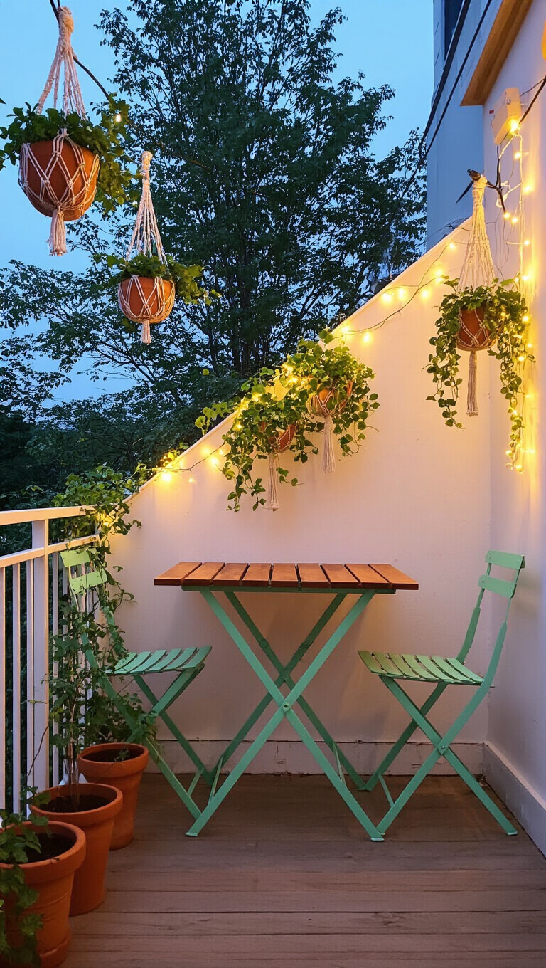 Cozy dusk balcony with fairy lights, mint green bistro chairs, fold-out wood table, macramé plant hangers, and terra cotta pots.