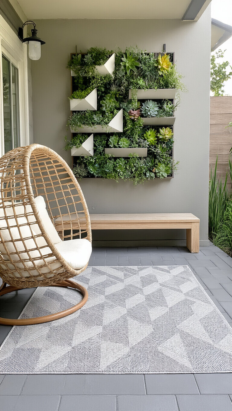 Ground-level view of a modern patio with herringbone-pattern rug, wicker egg chair, succulent wall, and Scandinavian storage bench.