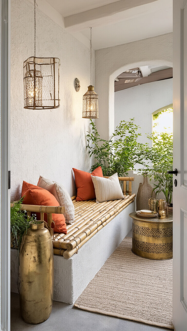 Cozy 3x5 ft sunset-lit terrace with bamboo bench, rust pillows, hanging lanterns, and Moroccan metal side table, viewed from doorway.