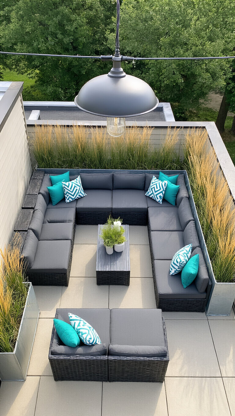 Mid-afternoon rooftop patio with gray sectional seating, teal and white cushions, metal planters with grasses, and industrial pendant light, viewed from above.
