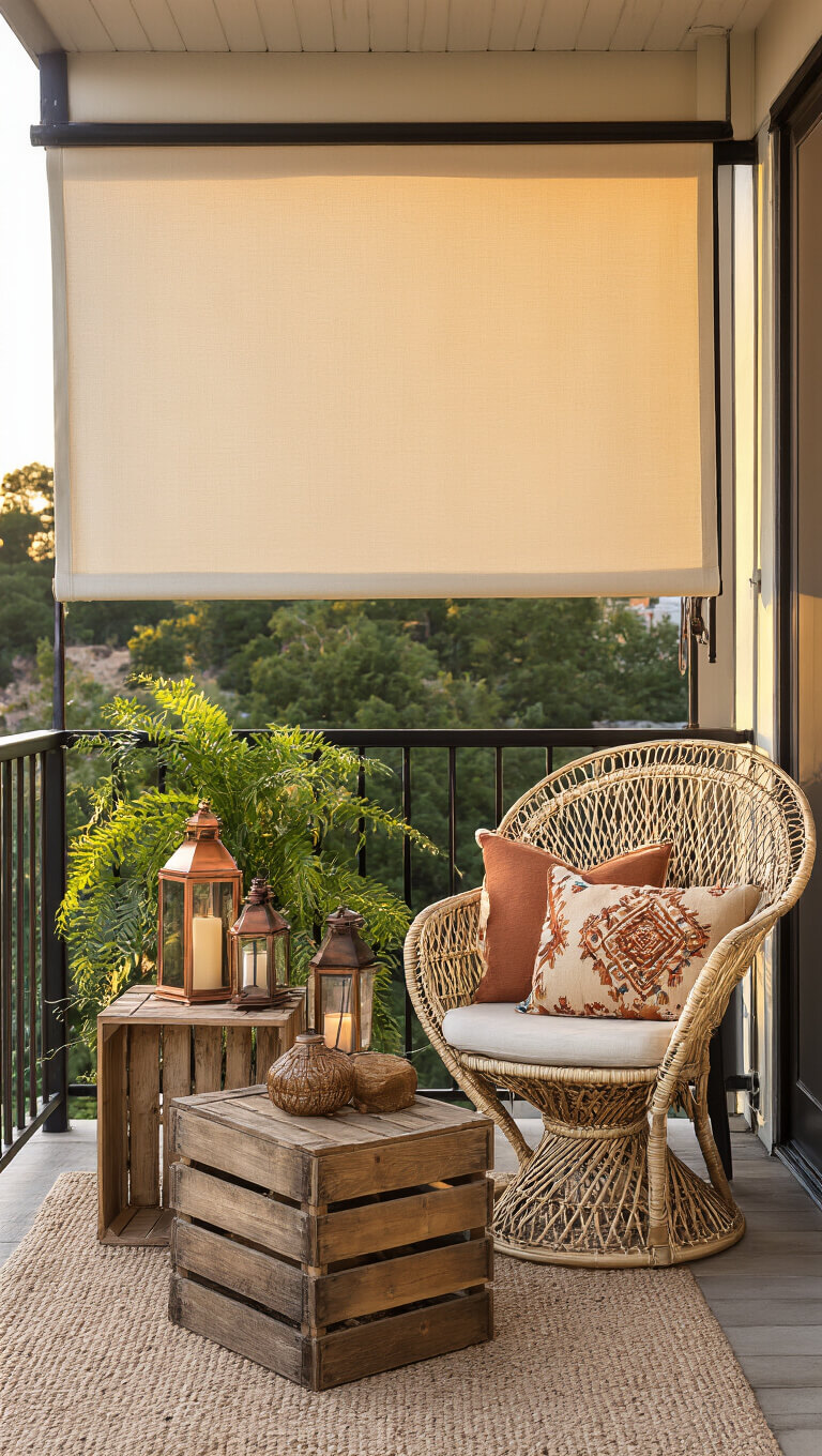 Cozy early evening balcony with cream canvas awning, rattan peacock chair adorned with earth-tone boho pillows, reclaimed wood crate tables holding vintage decor, and warm copper and brass lantern lighting at golden hour.