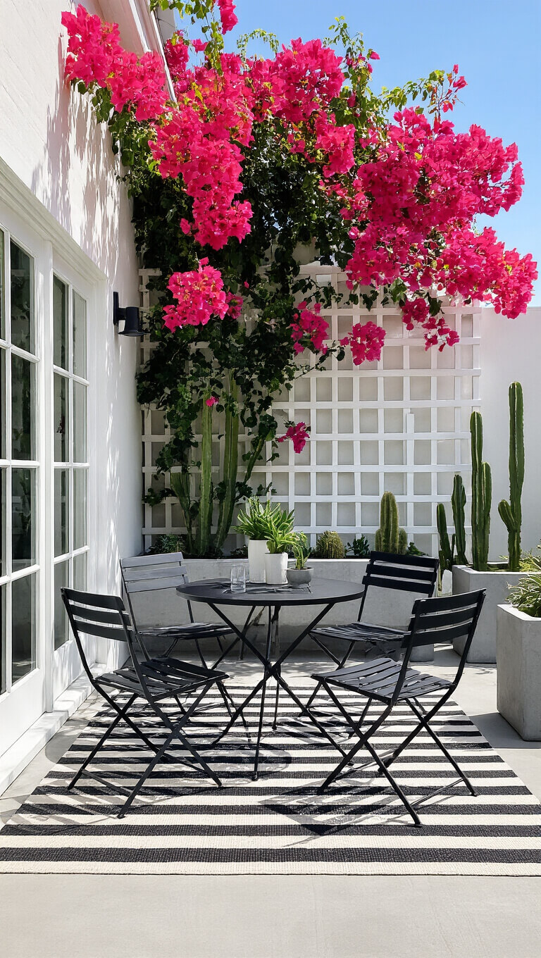 Modern patio with black metal bistro set on striped rug, hot pink bougainvillea on trellis, and cacti in concrete planters under bright midday sky.