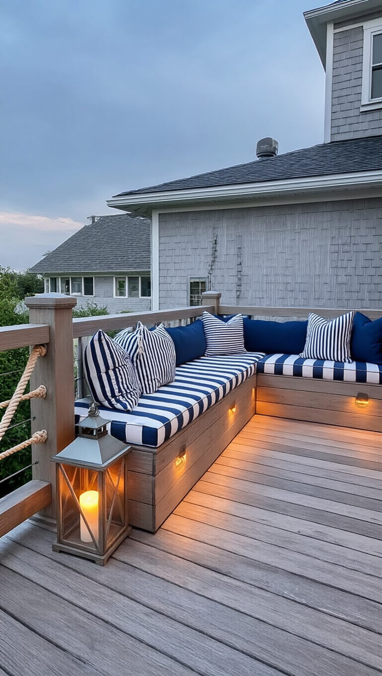 Twilight view of a cozy 4x7 ft terrace with built-in weathered teak bench seating, navy and white coastal cushions, rope-wrapped railing, and hurricane lanterns glowing with flameless candles.