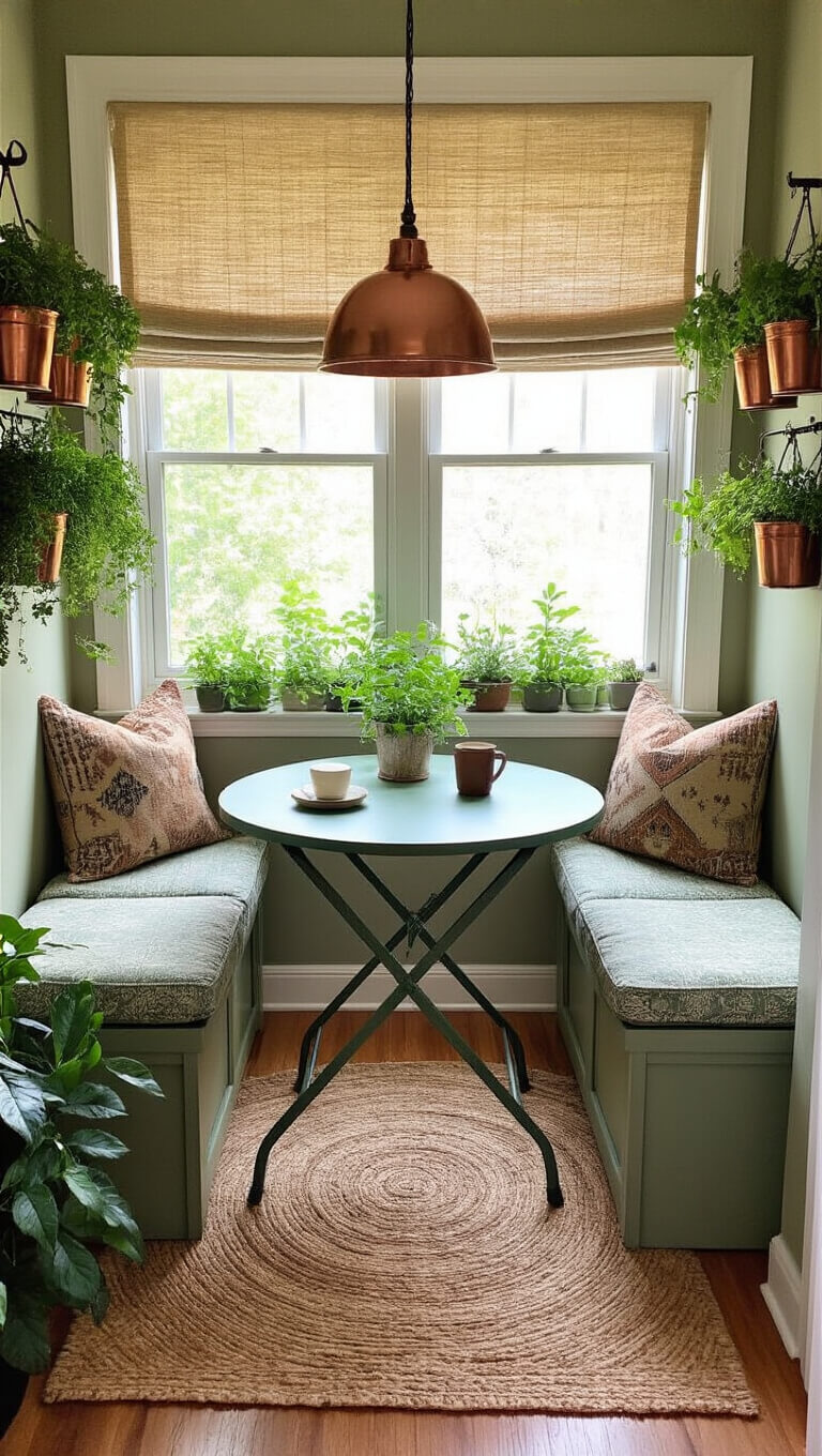 Cozy morning coffee nook with sage green folding cafe table, vintage metal chairs with mudcloth cushions, copper herb planters, and textured roman shade, viewed from above.