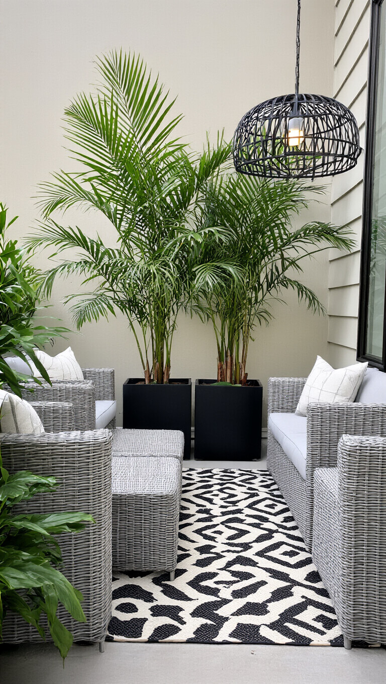 Urban patio with light gray wicker furniture, tropical plants in black planters, geometric rug, and modern pendant light, captured with tilt-shift for selective focus.