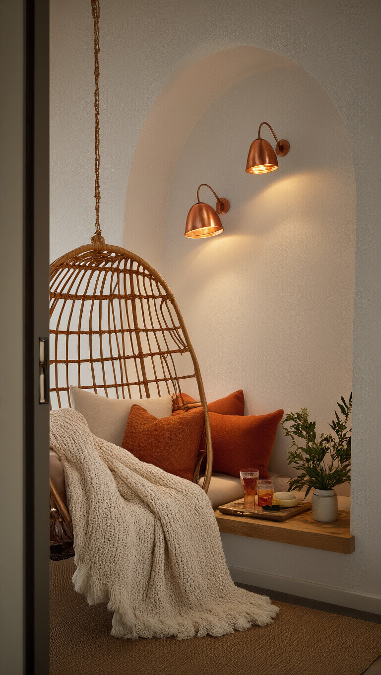 Cozy 4x5 ft nook viewed from doorway with rattan swing chair, cream and rust throws, copper sconces, and wooden drink ledge with plants.