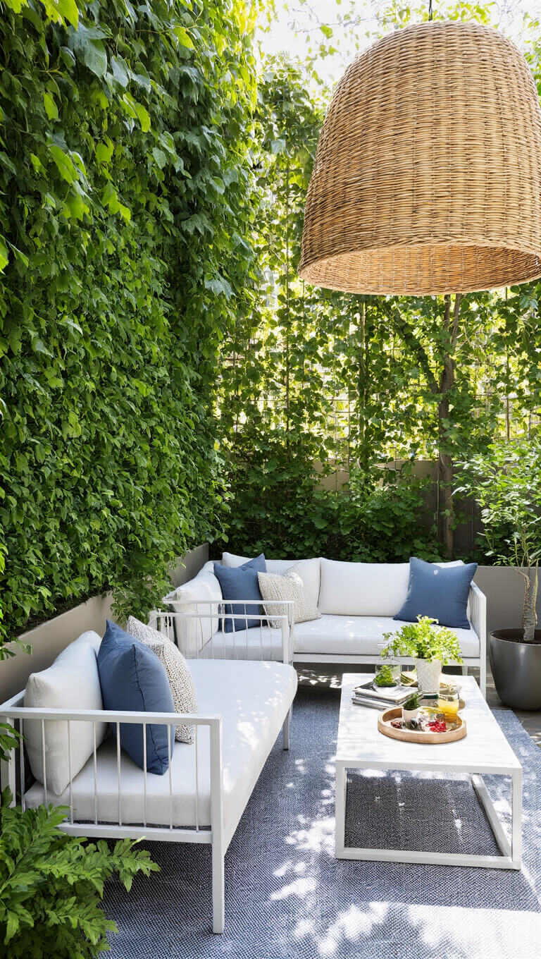 Elevated view of sunny patio with white metal sofa, slate blue cushions, vertical garden wall, and woven pendant casting dappled light.