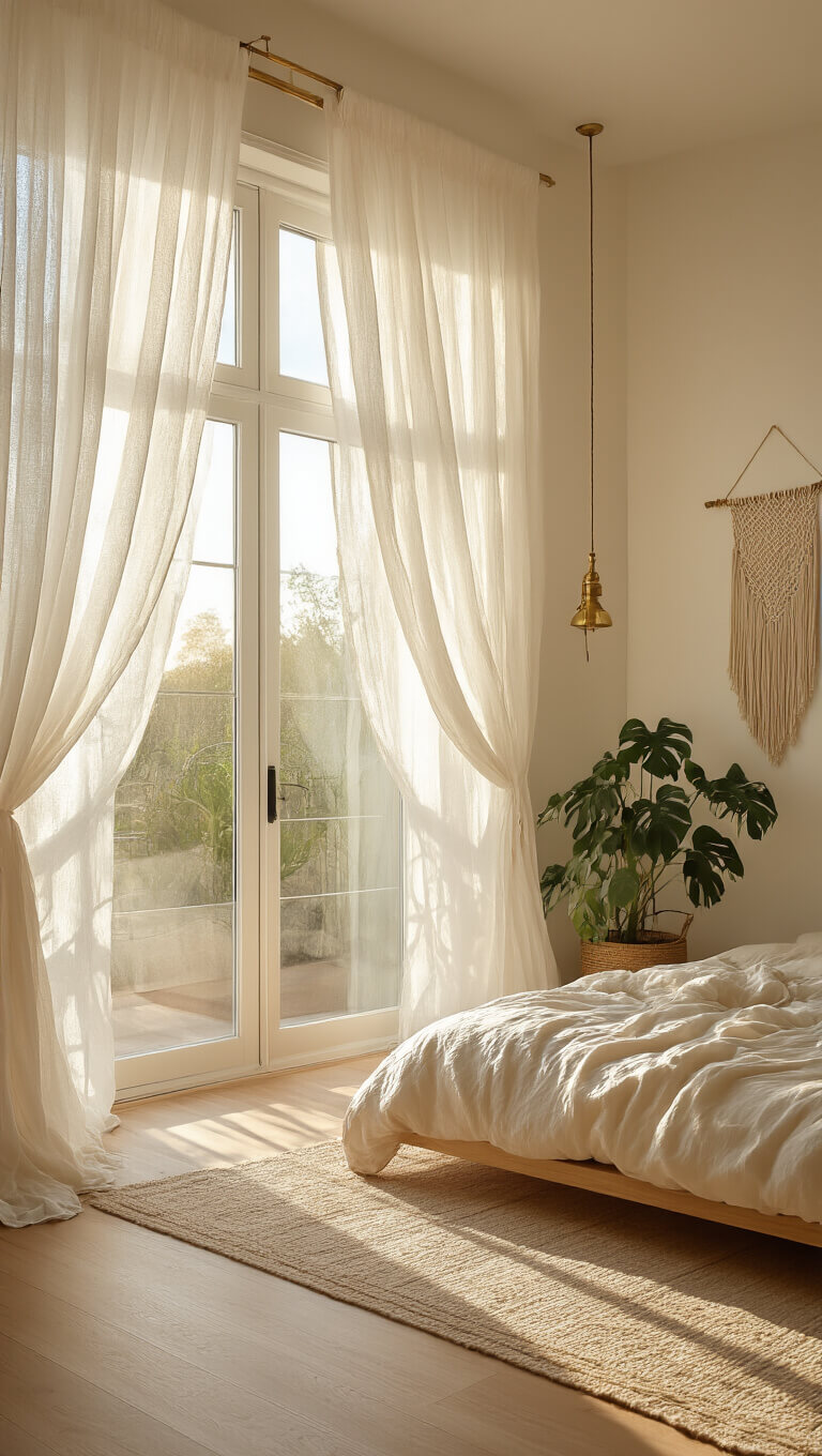 Sunlit bedroom with flowing sheer curtains, low platform bed, and soft golden hour lighting casting patterned shadows on oak floor.
