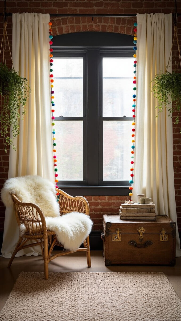 Cozy 12x14ft bedroom with ivory pom-pom curtains, rattan chair, vintage trunk, exposed brick wall, and hanging plants, shot low-angle in soft daylight.