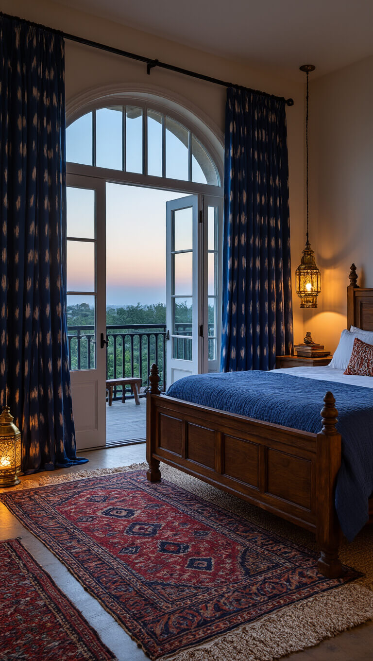 Wide-angle view of a moody, sophisticated 16x18ft master bedroom at dusk with carved wooden bed, indigo ikat curtains framing French doors, layered Moroccan rugs on sisal, brass lanterns, and warm ambient lighting.