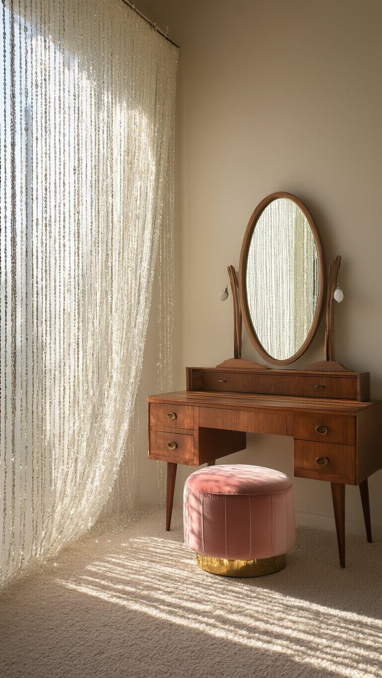 Vintage-inspired dressing area with crystal beaded curtain, walnut vanity, oval mirror, and blush pink velvet pouf, bathed in dreamy afternoon light.