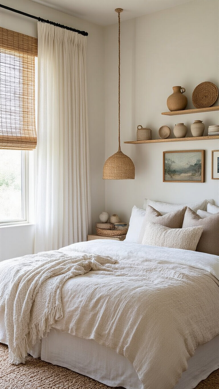 Layered bedroom curtains with sheer white base, textured linen, and bamboo blinds filtering morning light; eclectic wall art and floating shelves with ceramics in cozy 14x16ft space.