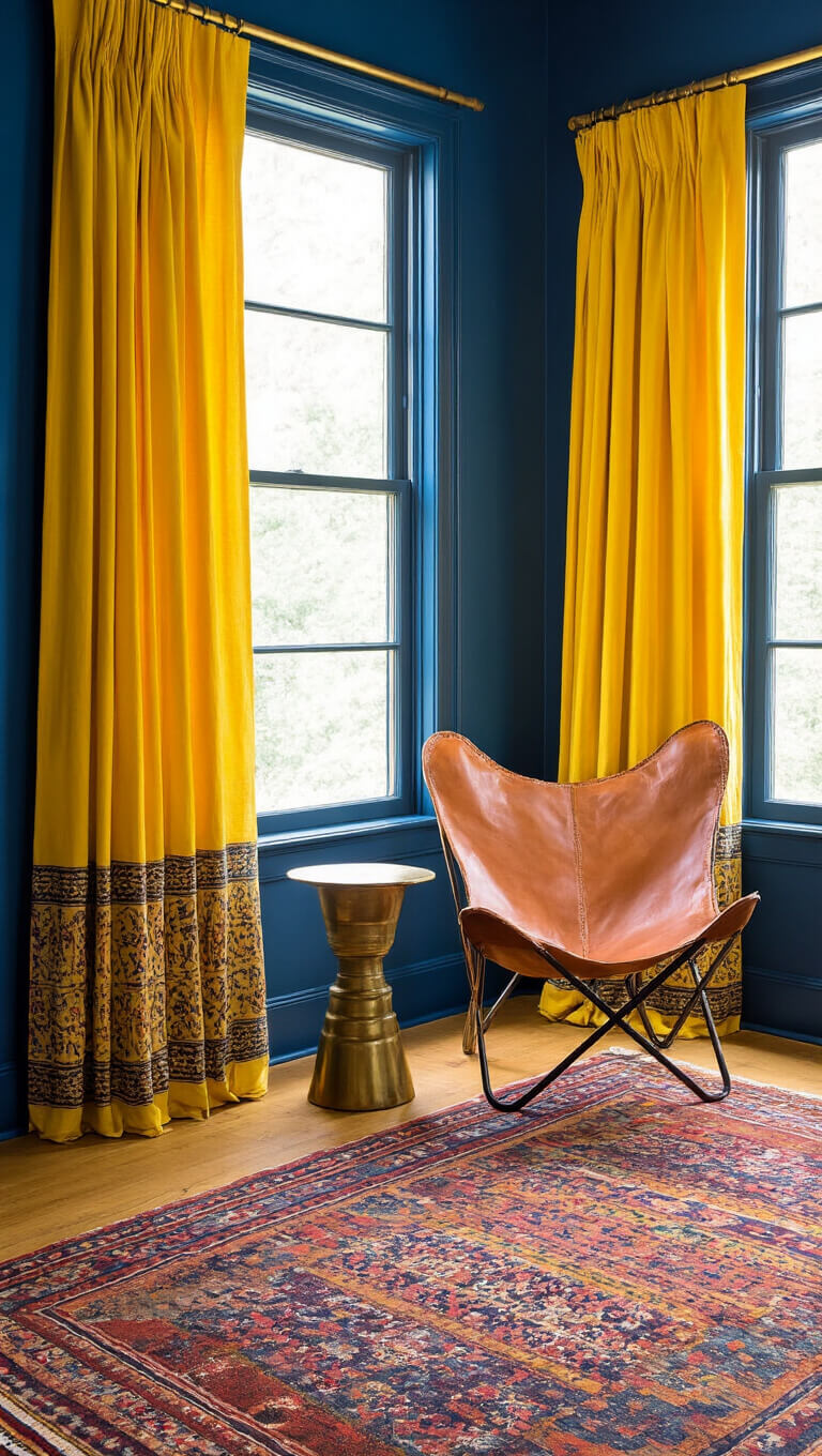 Colorful 13x15ft bedroom with indigo walls, saffron yellow block print curtains, vintage kilim rug, leather butterfly chair, and brass accents lit by afternoon sun.