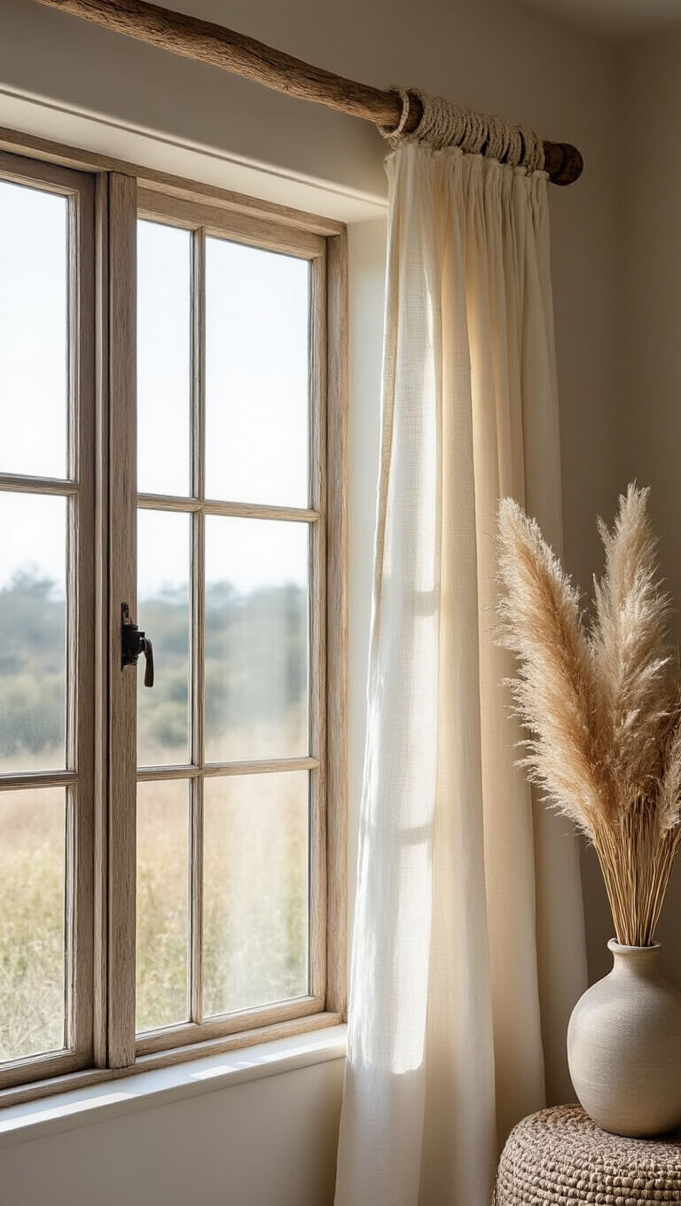 Close-up of ivory raw silk curtains on a driftwood rod with macramé tie-backs, ceramic beads, and pampas grass in soft morning light.
