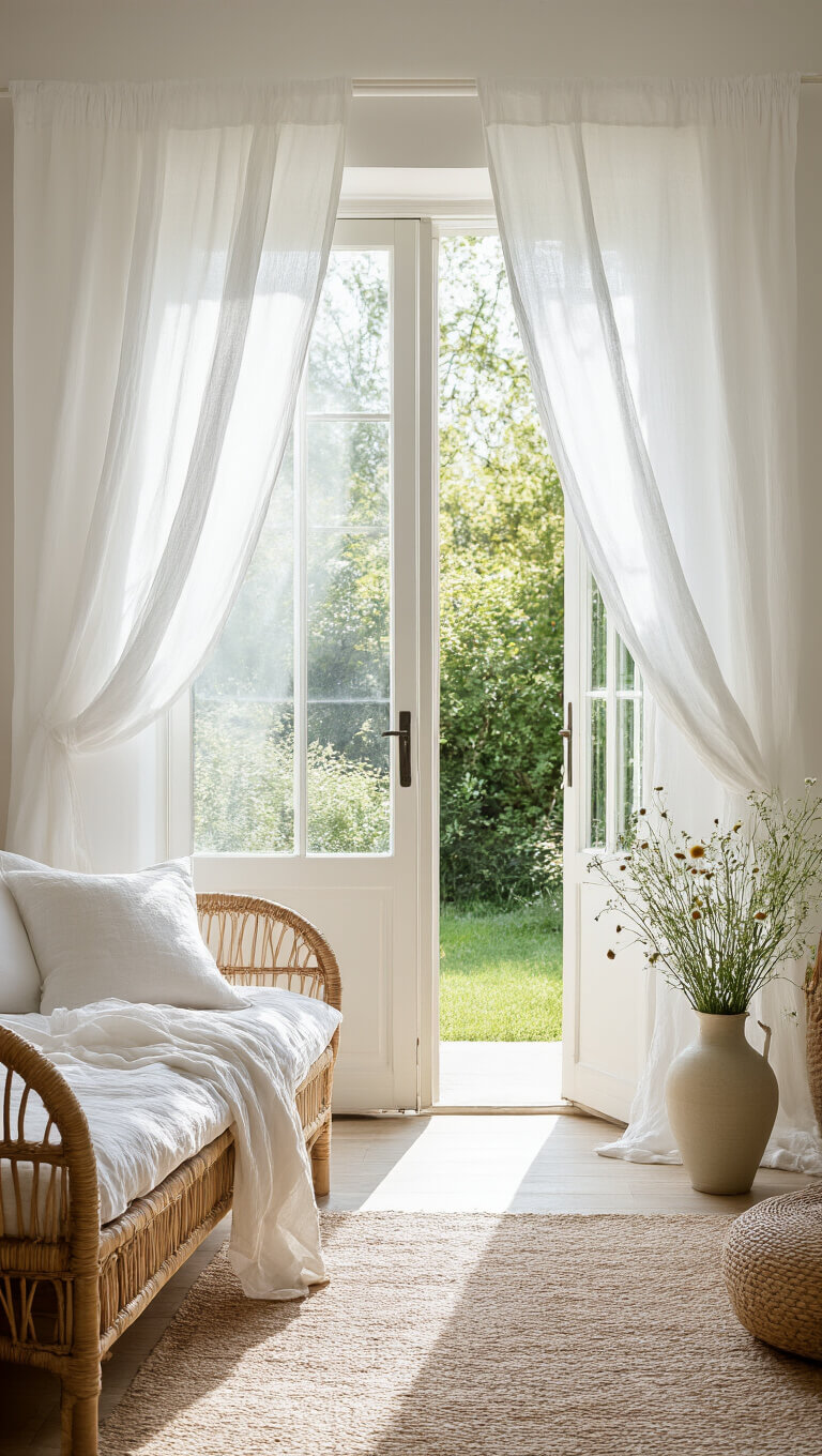Airy 16x16ft bedroom with billowing white curtains, open French doors to garden, rattan daybed with linen throws, wildflowers in ceramic vases, bathed in natural morning light.