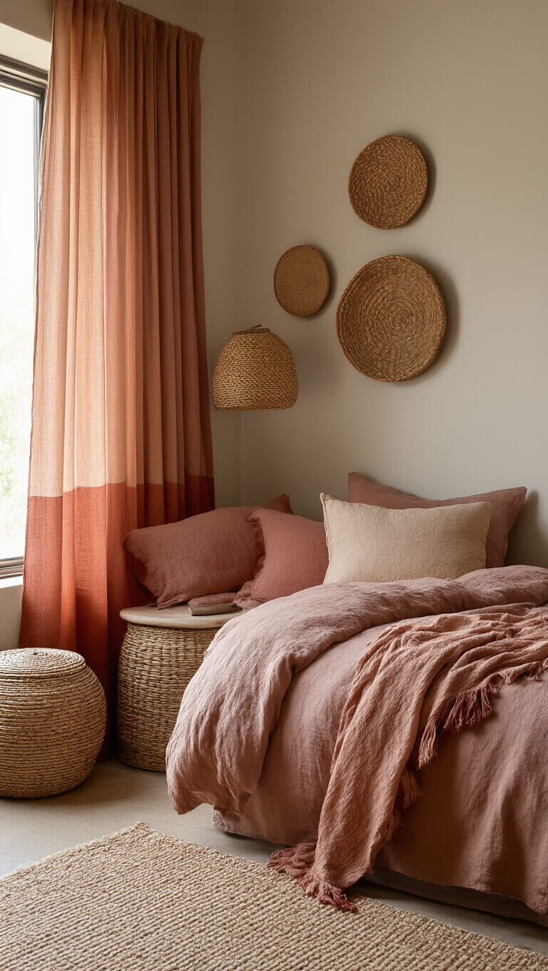 Close-up of a cozy bedroom corner with hand-dyed ombré curtains in dusty rose to terracotta, ceramic wall hangings, and a collection of handwoven baskets bathed in late afternoon light.