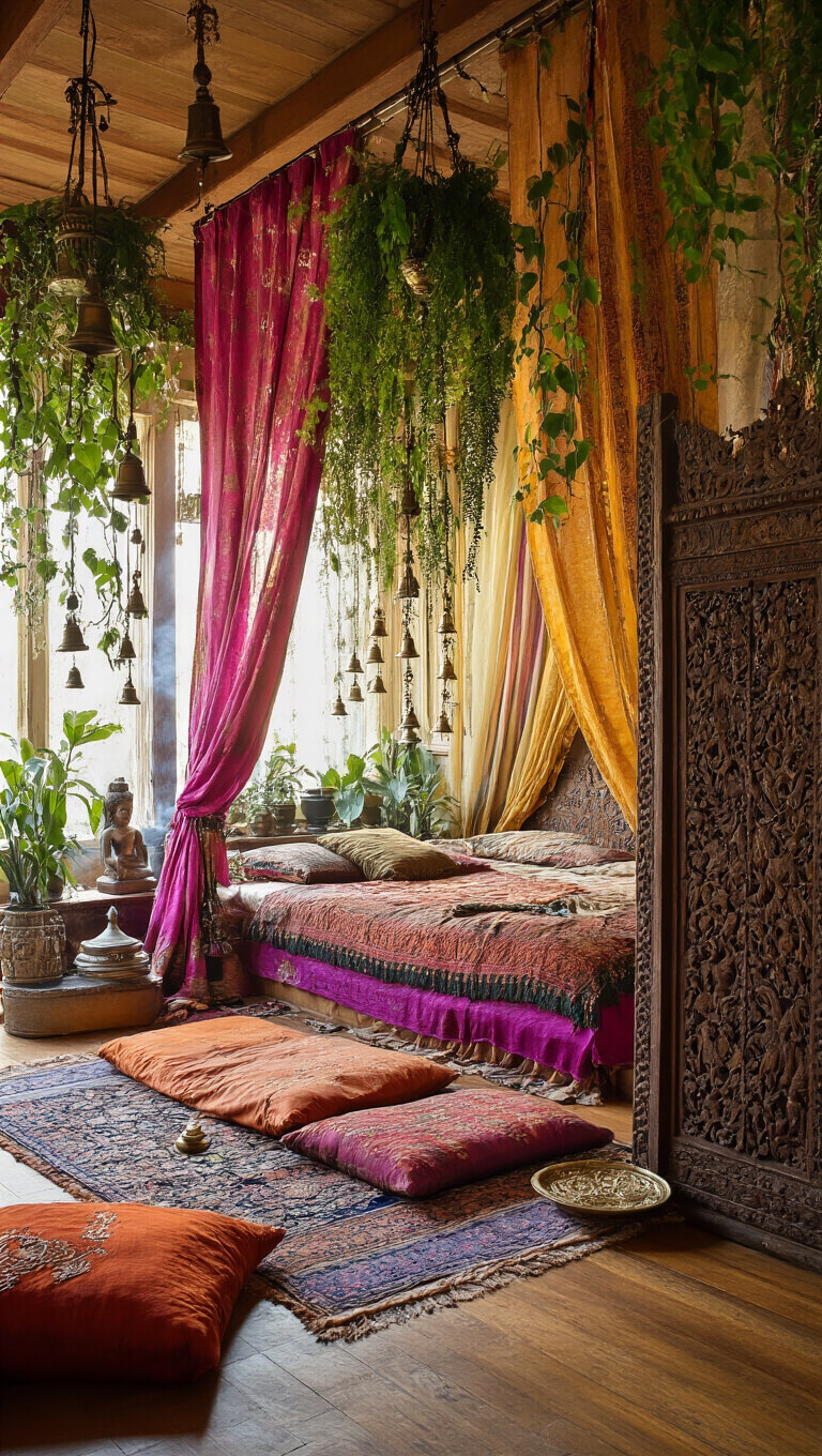 Bohemian bedroom with jewel-tone sari curtains, brass bells, hanging plants, carved wooden screen, floor cushions, and incense smoke lit by golden hour light.