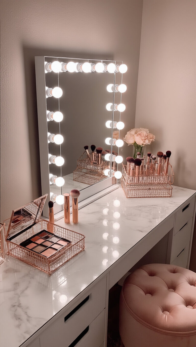 Vanity corner at dusk with Hollywood-style LED mirror, crystal makeup displays on white marble, rose gold accents, velvet stool, and soft bokeh fairy lights.