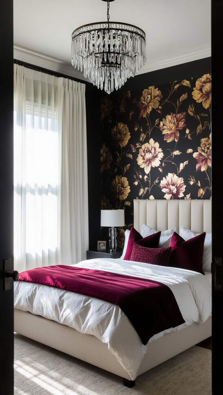 Wide-angle view of a 12'x14' bedroom with a black floral accent wall, white satin bedding, burgundy and black pillows, crystal chandelier, and natural light through sheer curtains.