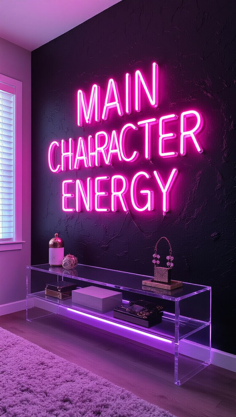 Neon sign reading 'Main Character Energy' in hot pink on textured black wall above modern acrylic console with luxury accessories, lit by purple-to-pink gradient LED lights.