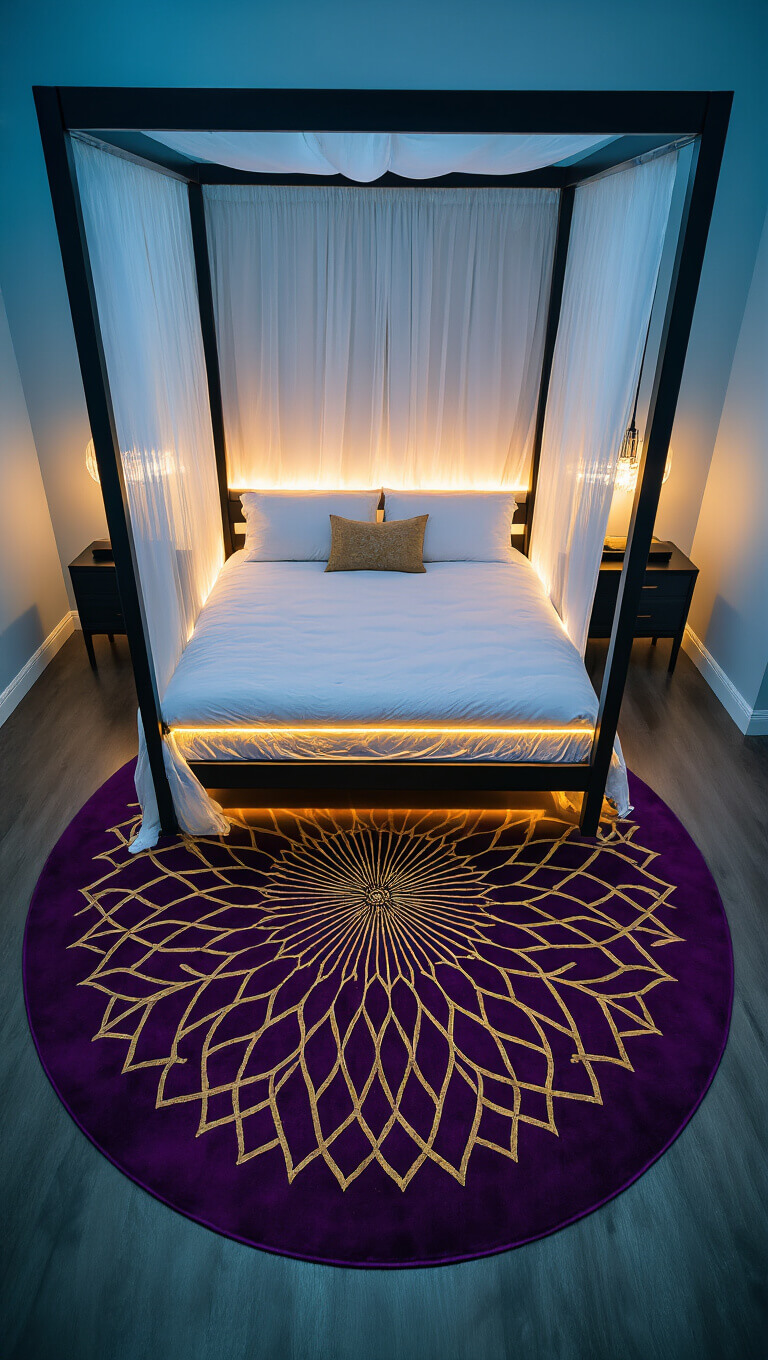Overhead view of a 15'x15' bedroom at blue hour with central deep purple circular rug featuring gold geometric patterns, surrounded by strategically placed furniture; a four-poster bed with sheer white curtains glows with LED lighting amid cool ambient and warm accent lights.
