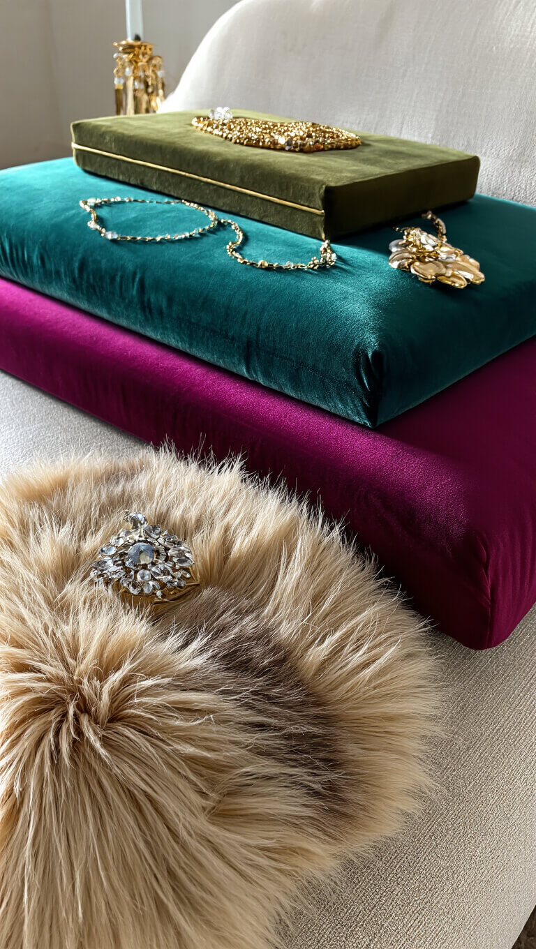 Close-up of luxurious velvet, silk, and faux fur fabrics in jewel tones on a chaise lounge, bathed in late afternoon light with sparkling gold and crystal accents.