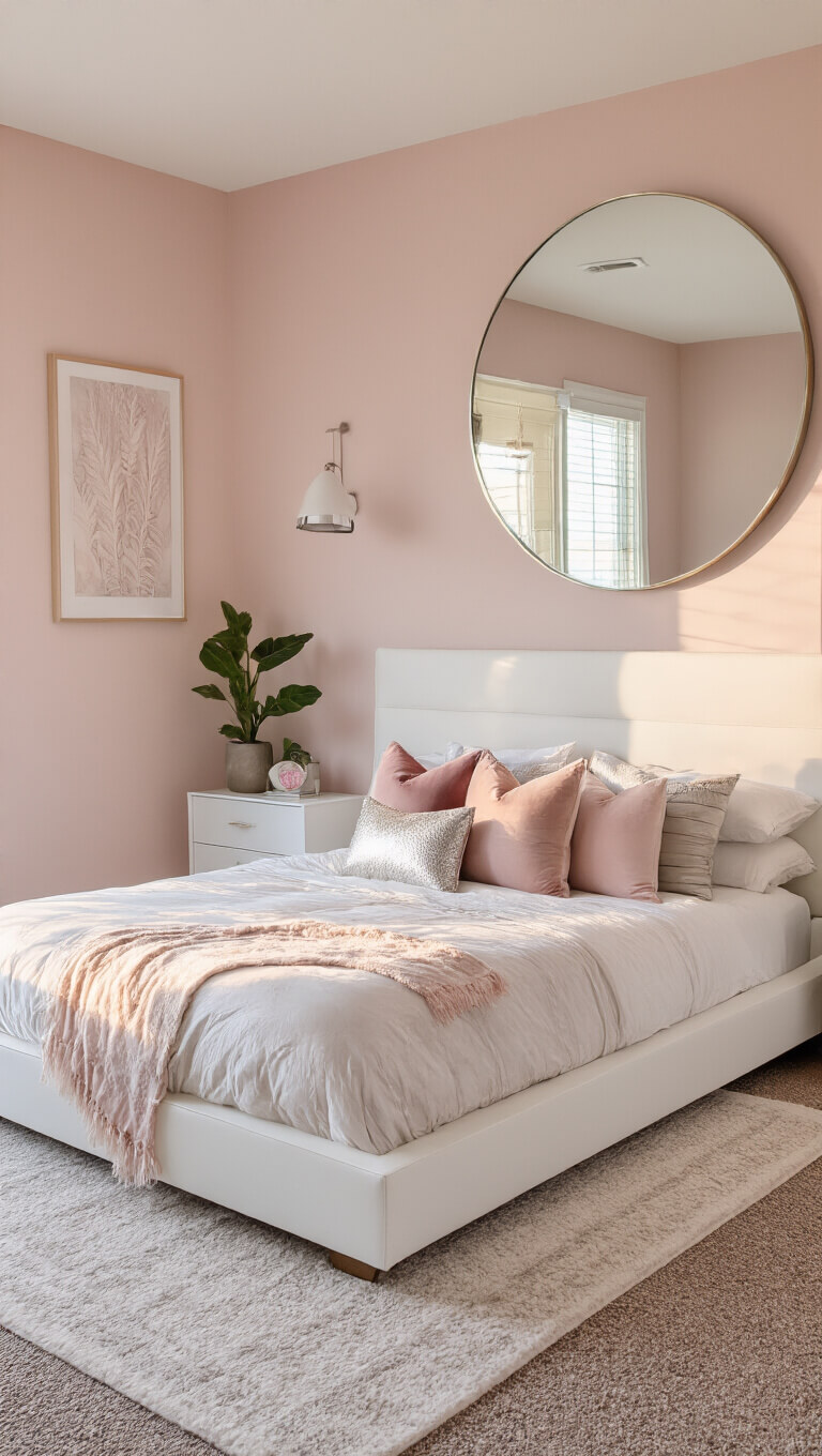 Wide bedroom with blush pink accent wall, large circular mirror reflecting sunrise, white platform bed with pastel pink and silver pillows, viewed from elevated corner.
