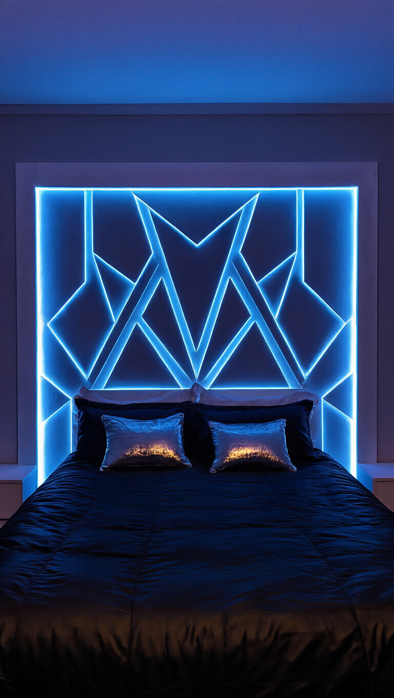 LED-lit bedroom at night with geometric panel wall in blue and purple tones, king bed in black satin and metallic pillows.