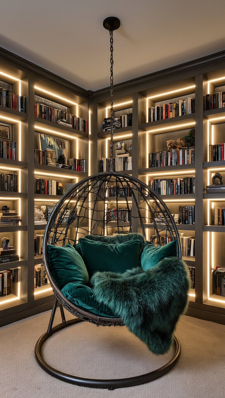 Hanging egg chair with emerald cushions in a cozy reading nook, surrounded by lit floor-to-ceiling bookshelves at dusk.