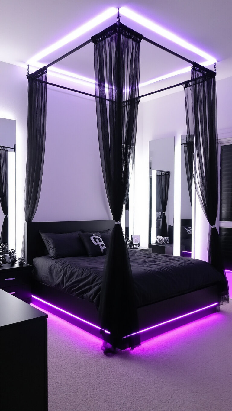 Midday view of a 14'x14' bedroom with a black canopy bed, purple LED underglow, white walls, black furniture, and mirrored walls reflecting the modern decor.
