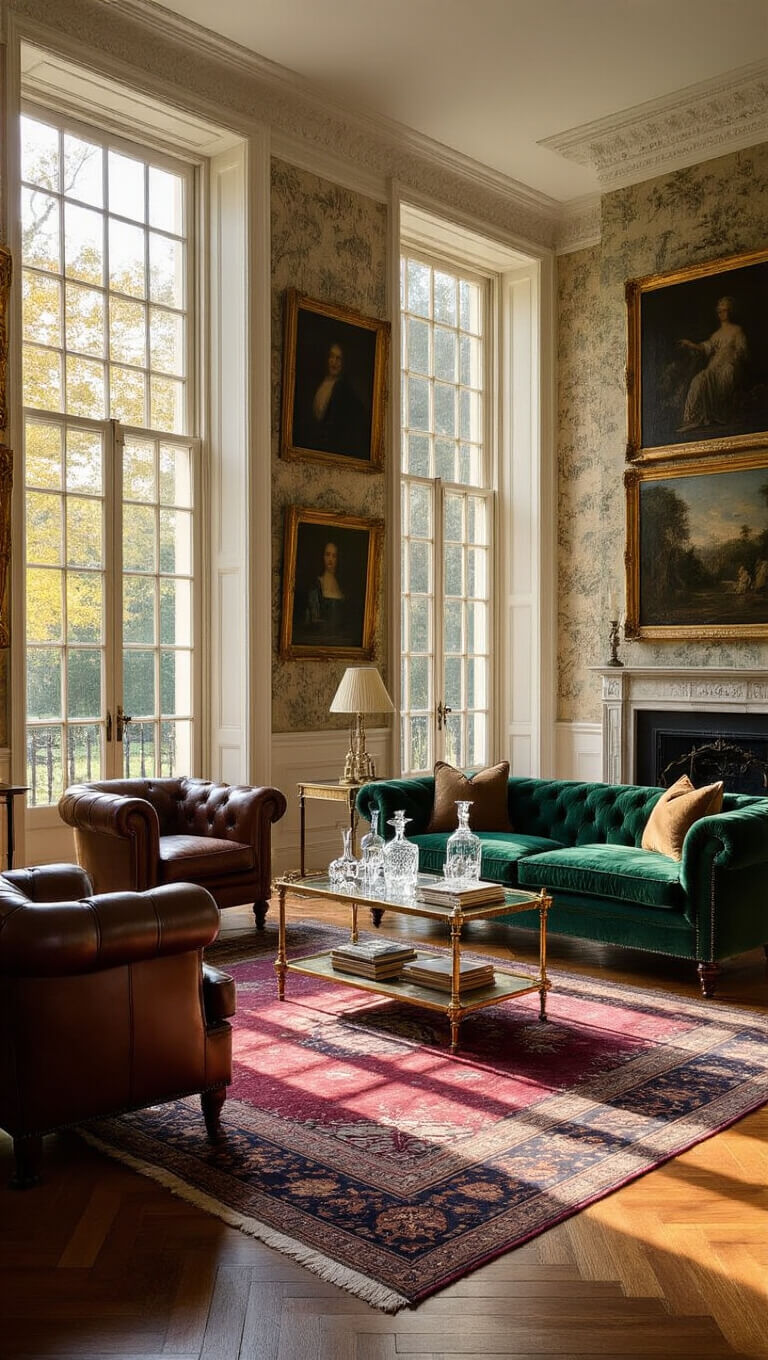 Elegant Georgian-style living room with emerald velvet sofa, leather chairs, and Persian rug, bathed in golden light through tall windows.