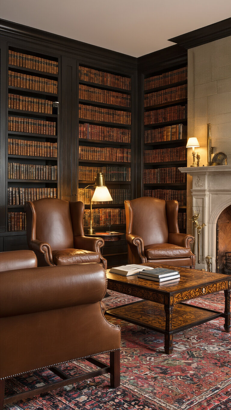 Cozy library-style sitting room with leather wingback chairs, antique coffee table, floor-to-ceiling bookshelves, and warm lighting at dusk.