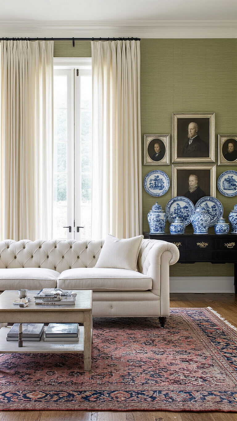 Formal living room with morning light, cream curved Chesterfield sofa on distressed Oushak rug, blue and white porcelain on black console, silver-framed portraits on grass cloth walls.